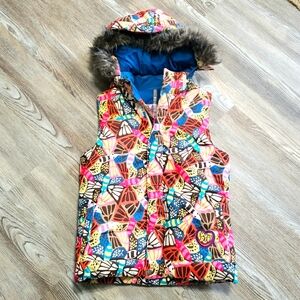 Burton Dry Ride Youth 14-16 Sugar Spice Vest Dragonfly Faux Fur Hood Trim Jacket